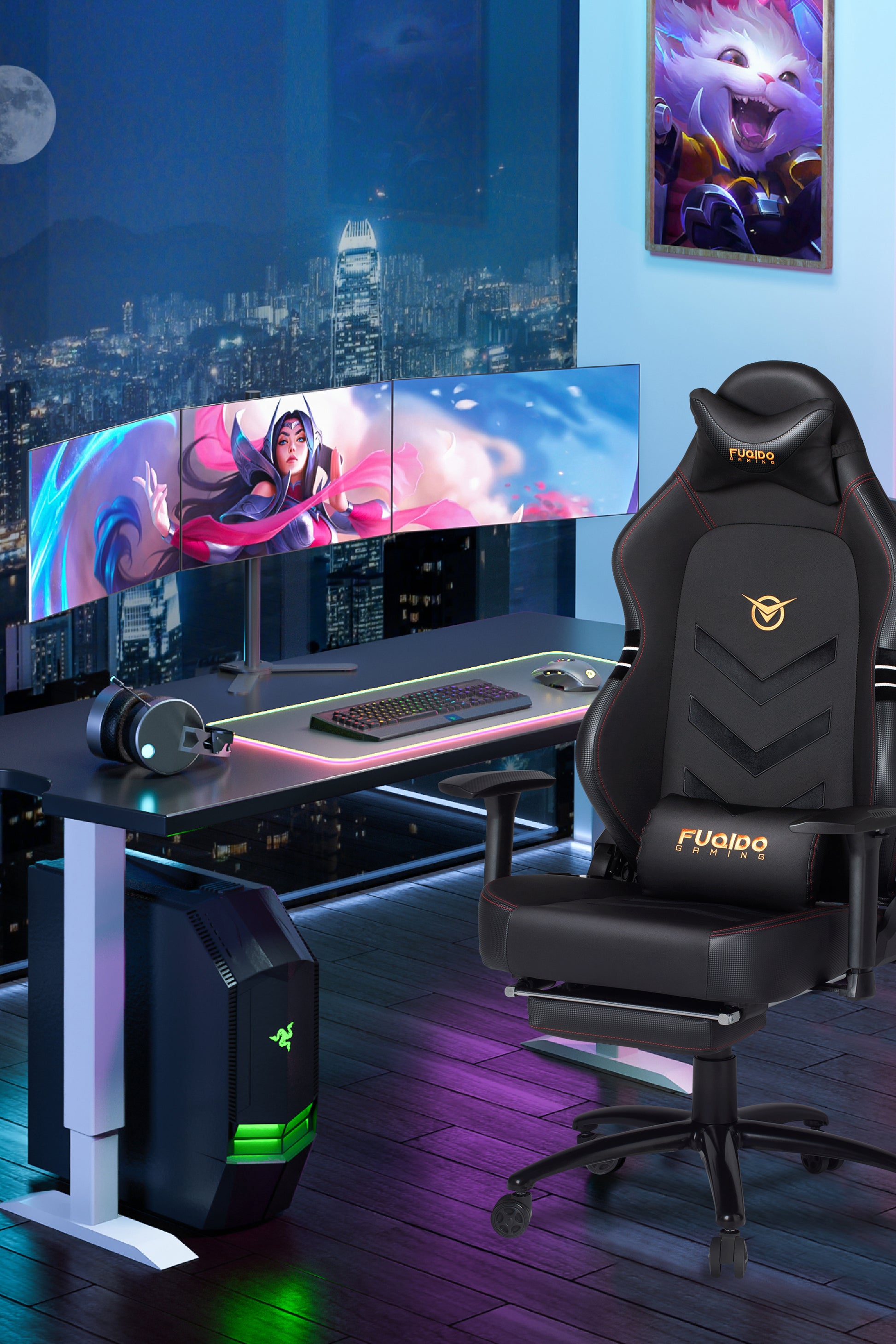 FUQIDO Gaming Chair with Footrest and Headrest 1325F in Black #color_black