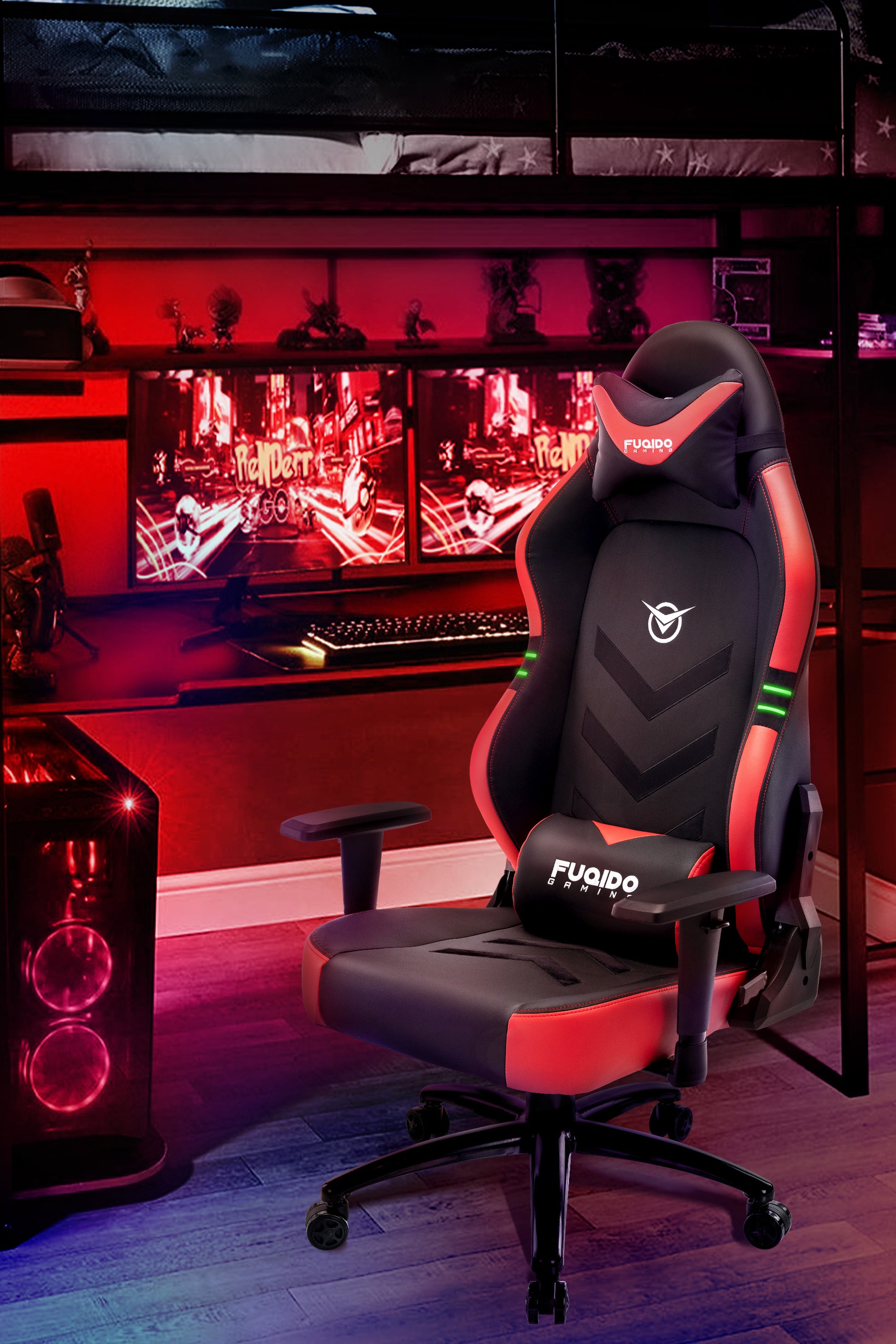 FUQIDO red and black big and tall gaming chair with fluorescent strips 1325 series#color_red