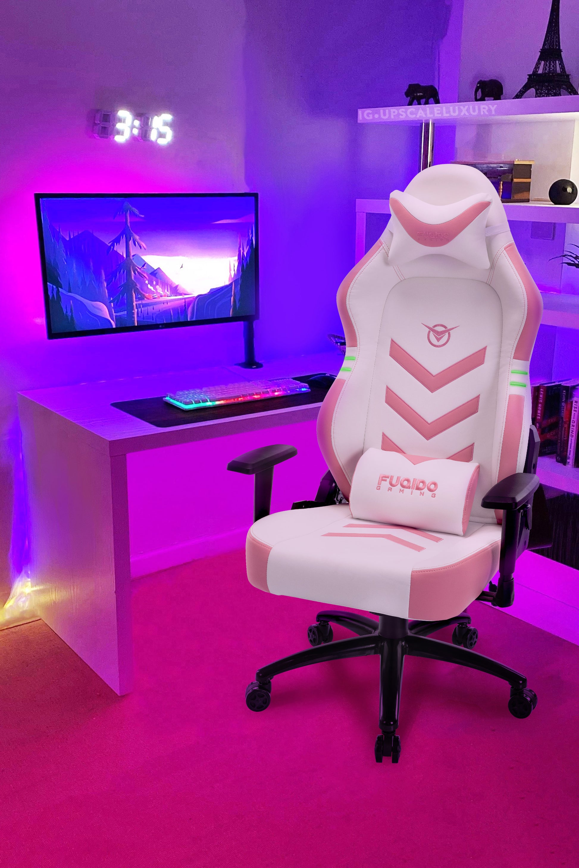FUQIDO pink and white big and tall gaming chair with fluorescent strips 1325 series#color_pink